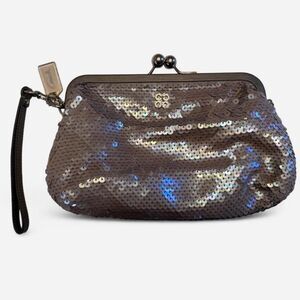 Silver Sequin COACH Julia Wristlet with Kiss lock and Wrist Strap Prom Formal